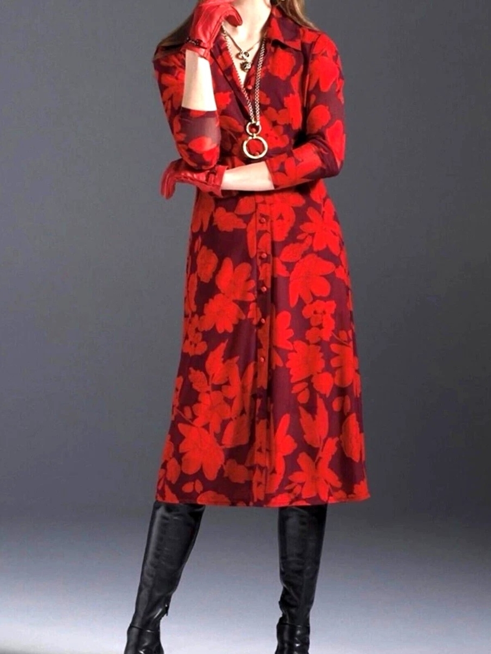 Cabi Mesh Shirt Dress 4392 Red Floral Fire and Ice Collection
